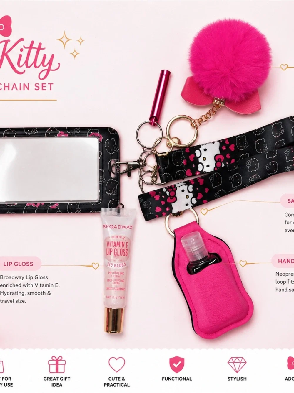 Hello Kitty Black & Pink Lanyard Keychain Set with Pom Pom